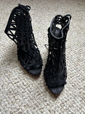 Zara Black Laser-Cut Lace-Up Peep-Toe Heels